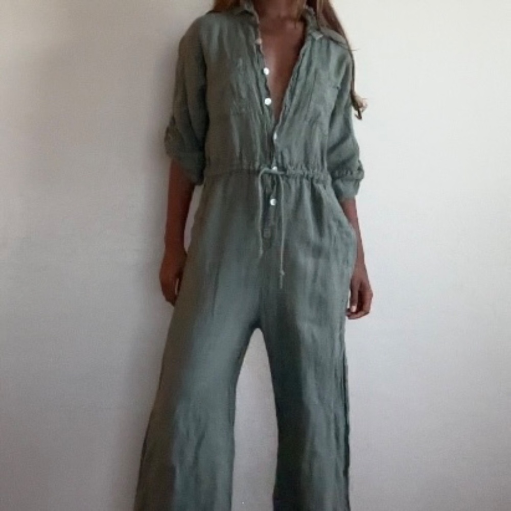 Meo Meli Italian Linen Jumpsuit - Mother of Pearl Buttons - Sage Green
